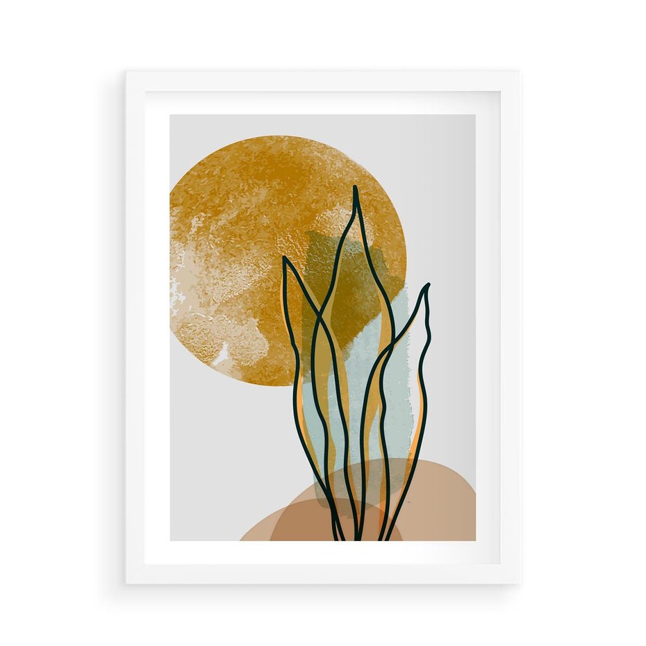 Plakat w ramie 50x70 - Światło Natury: Graficzne Liście i Złote Słońce - grafika, graficzne liście - rama biała