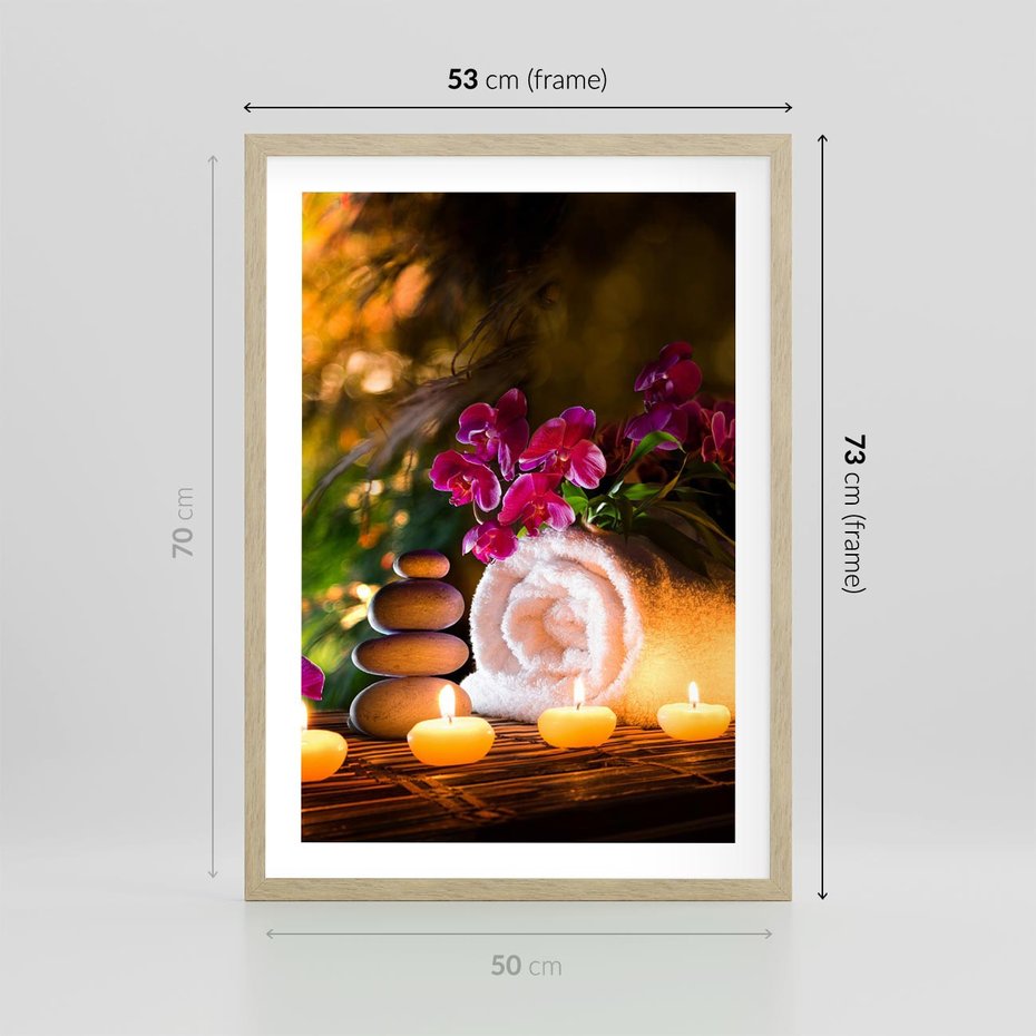 Plakat w ramie 50x70 - Relaksujące spa z płonącymi świecami - spa, świece - rama drewno