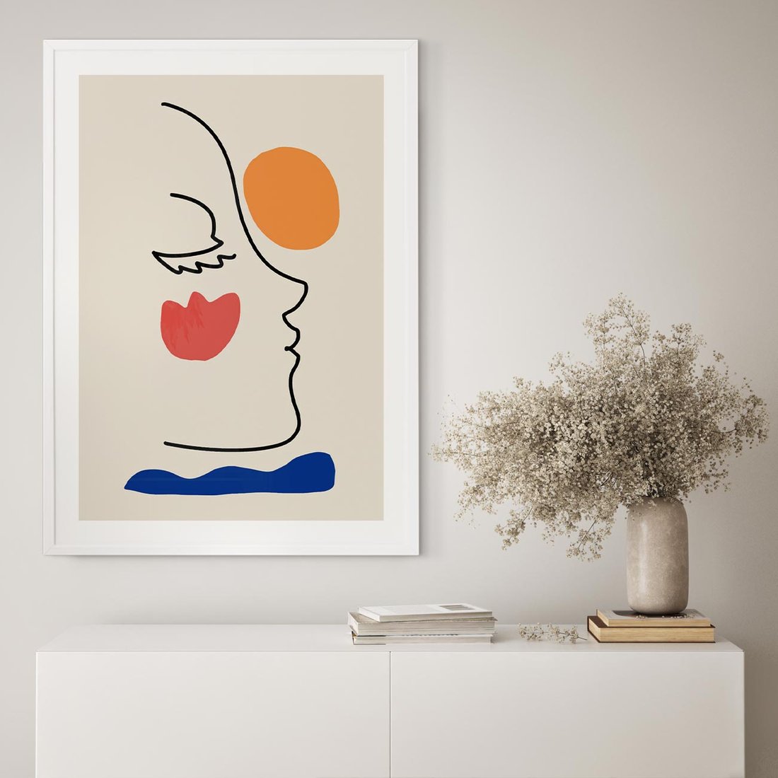 Plakat w ramie 30x40 - Taniec Przenikających Plam - abstrakcyjny obraz, przypomina twarz - rama biała