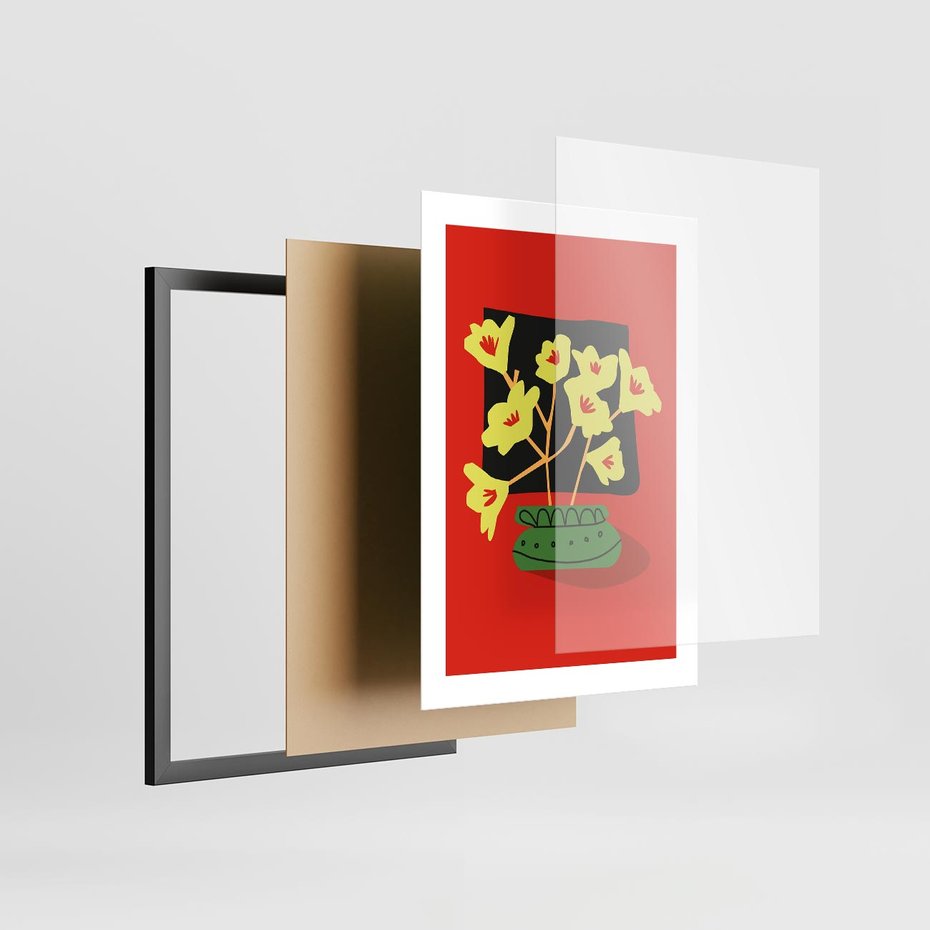 Plakat w ramie 30x40 - Abstrakcyjne Przenikanie - abstrakcyjne kwiaty, czerwone tło - rama czarna