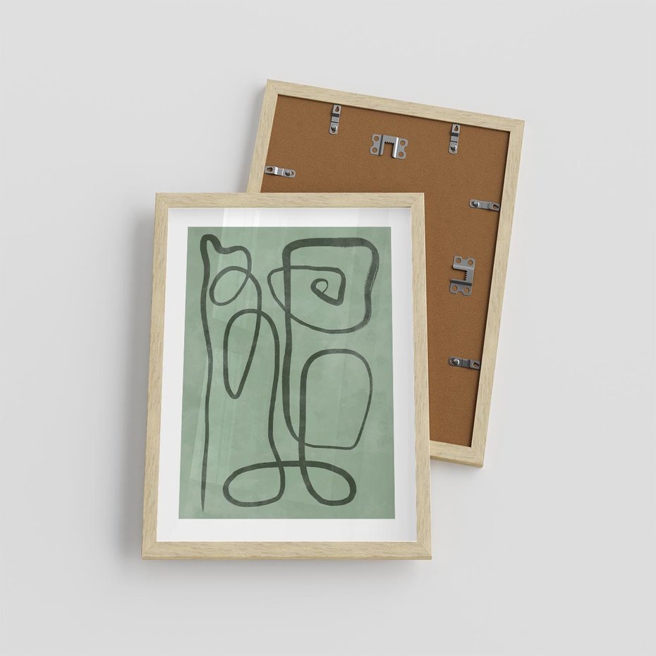 Plakat w ramie 30x40 - Zielone Wariacje w Liniach - abstrakcyjne zielone linie, skandynawski design - rama drewno