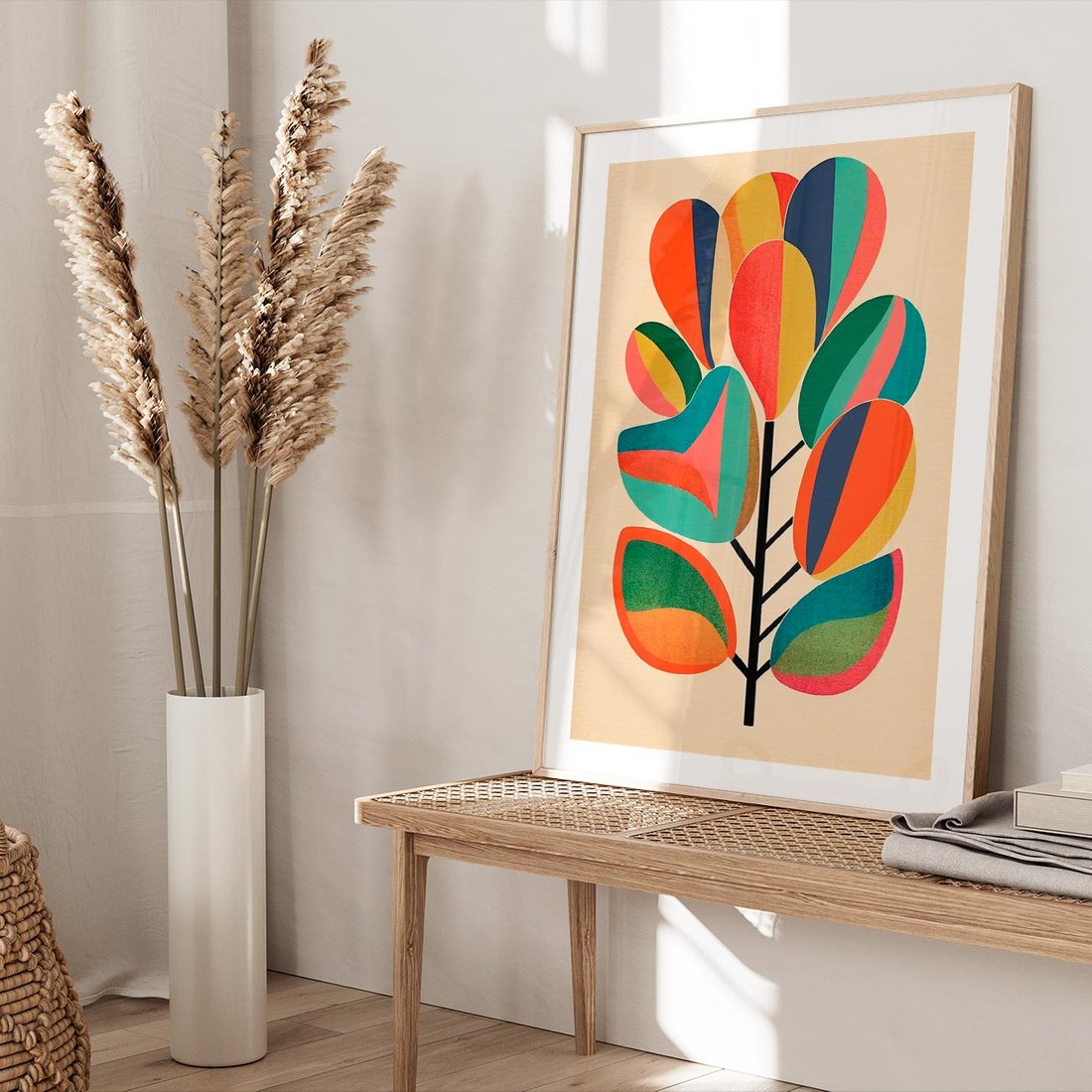 Plakat w ramie 30x40 - Wnętrza Kształtów - abstrakcyjny kolorowy tęczowy obraz, inspiracje roślinne - rama drewno