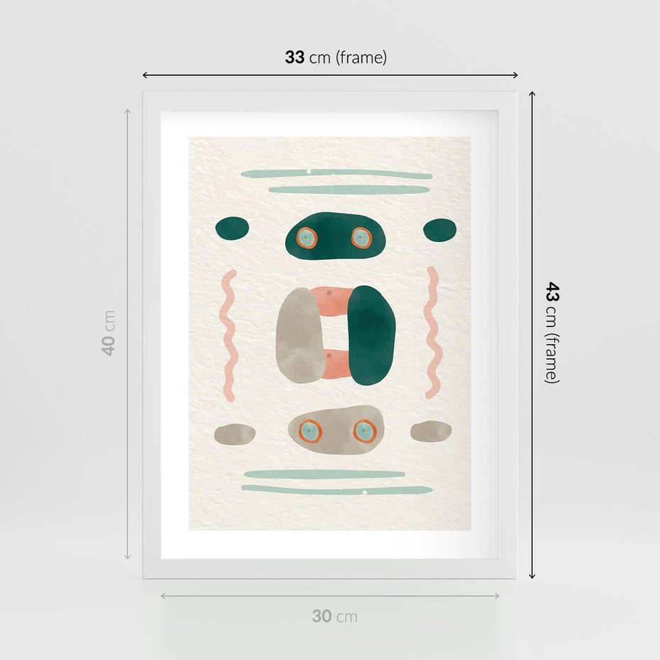 Plakat w ramie 30x40 - Tańczące Kształty Natury - przypadkowe abstrakcyjne wzory, pomarańczowy i zielony - rama biała