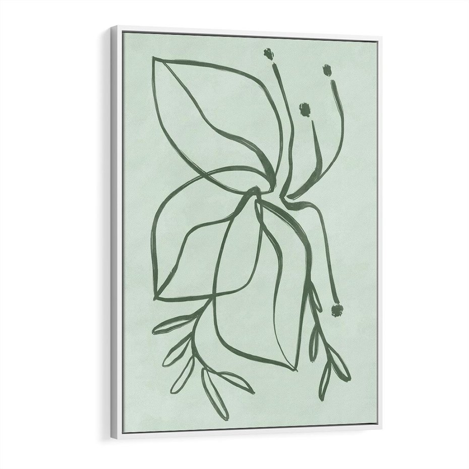 Obraz w ramie 50x70 - Energetyczne Odrodzenie Natury - abstrakcyjne delikatne zielone linie, podobne do gałęzi kwiatów - rama biała