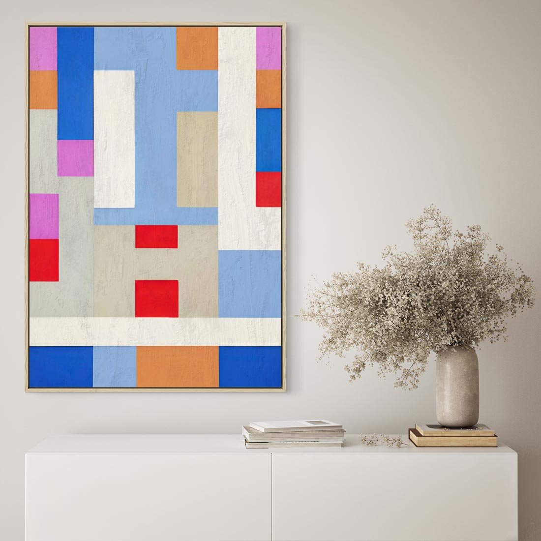 Obraz w ramie 80x120 - Bezczasowe Przenikanie Kształtów - abstrakcyjne geometryczne kształty, olejny obraz - rama drewno