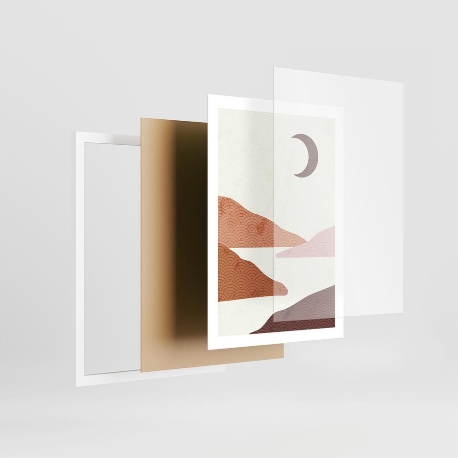 Plakat w ramie 50x70 - Księżycowa Refleksja - nowoczesna sztuka, góry - rama biała