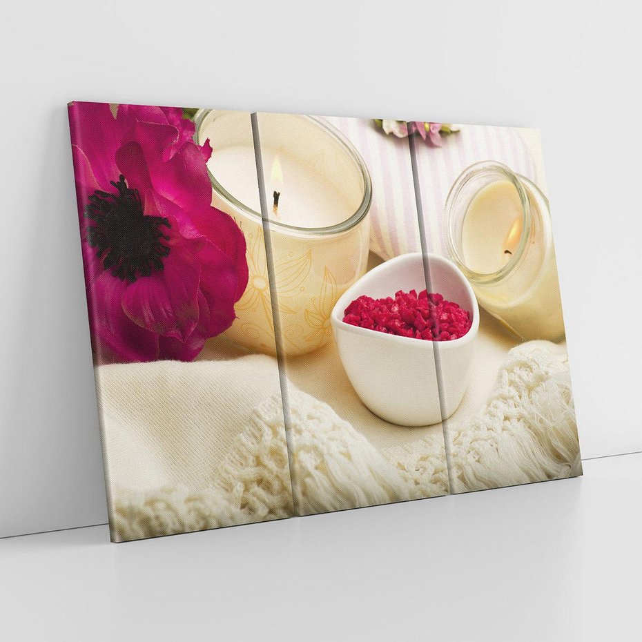 Obraz na płótnie 120x80 - Relaksujący moment: świeczki i kwiaty w SPA - świeczki, kwiat