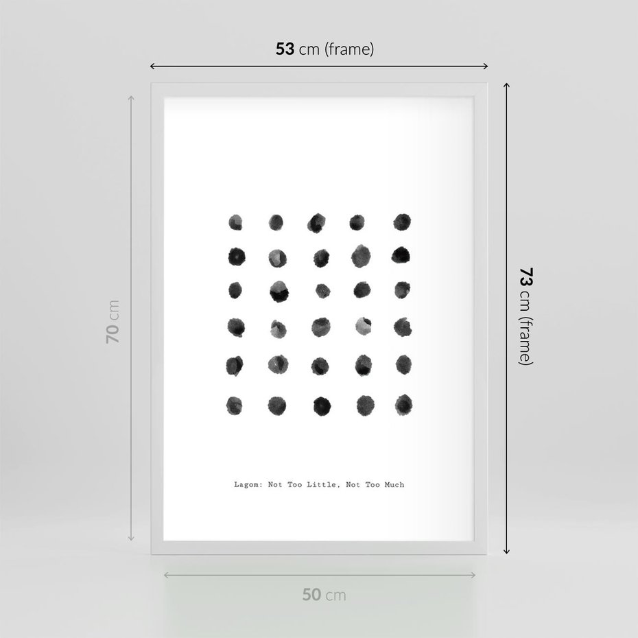 Plakat w ramie 50x70 - Boho Sztuka Wolości - minimalistyczny plakat, czarne kropki na białymtle - rama biała