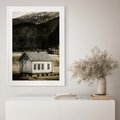Plakat w ramie 30x40 - Ciepło i Urok Górskiego Domku - domek w górach, sepia - rama biała