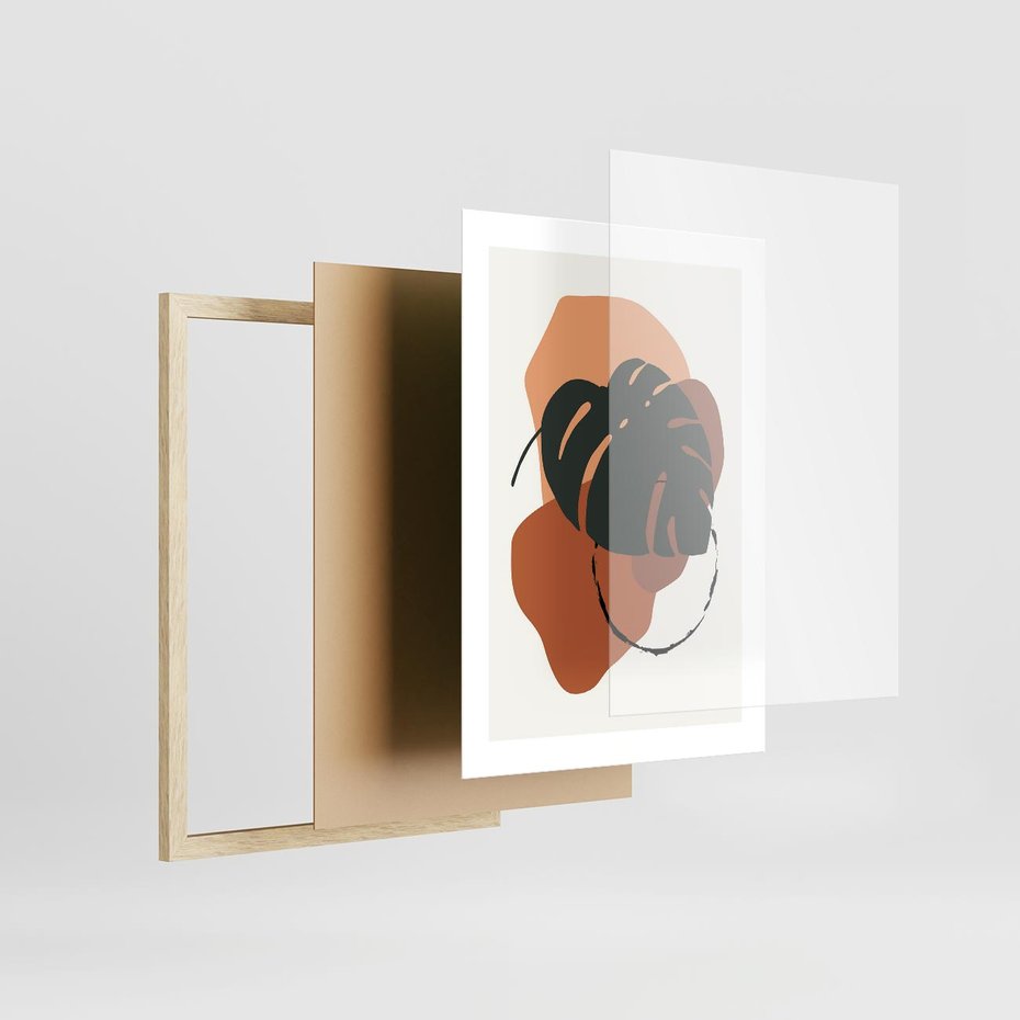 Plakat w ramie 30x40 - Brązowa Ekspresja - liść monstery, boho obraz - rama drewno