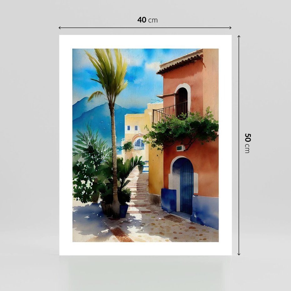 Plakat bez ramy 40x50 - Spokój Miasta nad Morzem - akwarela, sródziemnomorski klimat