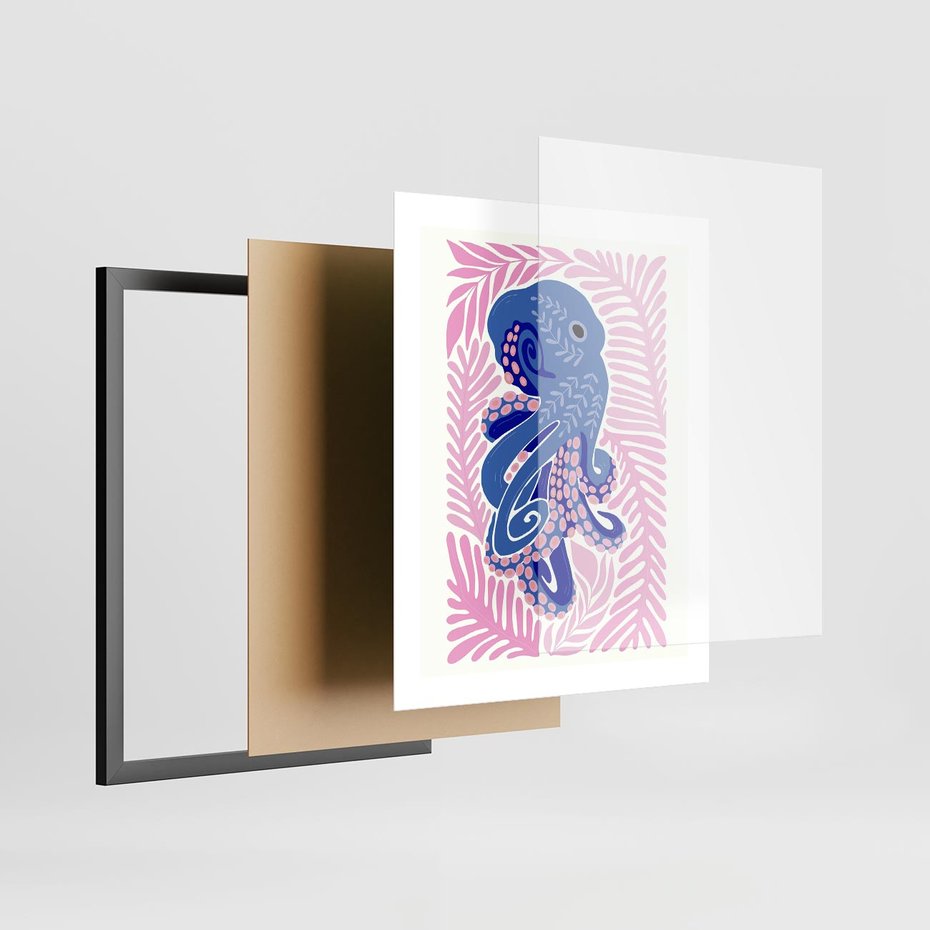 Plakat w ramie 40x50 - Rozkwitające marzenia - abstrakcyjna kompozycja, niebieska ośmiornica wśród różowej roślinnośći - rama czarna