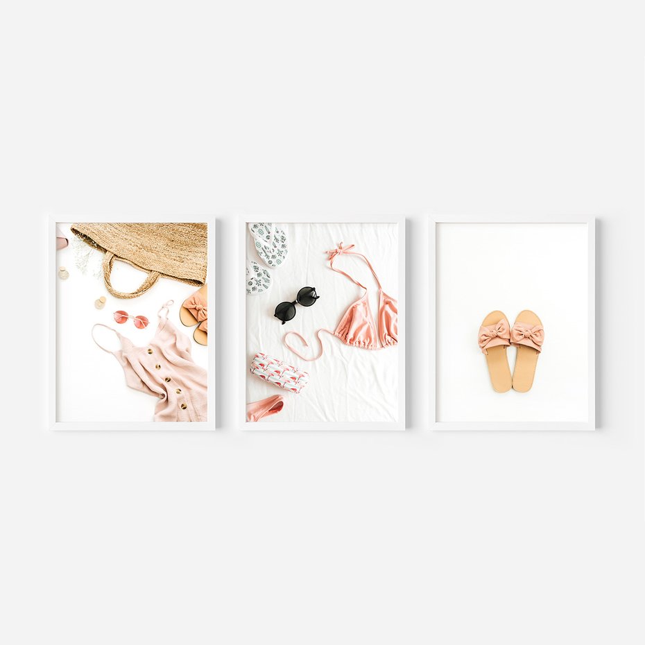 Zestaw obrazy w ramie 40x50 galeria - Wakacje, klapki, torba, moda - rama biała