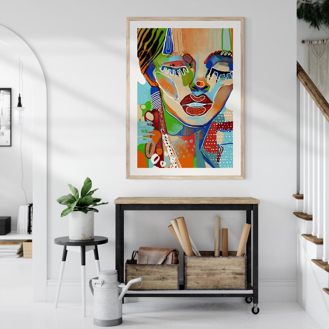 Plakat w ramie 50x70 - Kolorowe Formy - abstrakcyjny portret kobiety, twarz - rama drewno