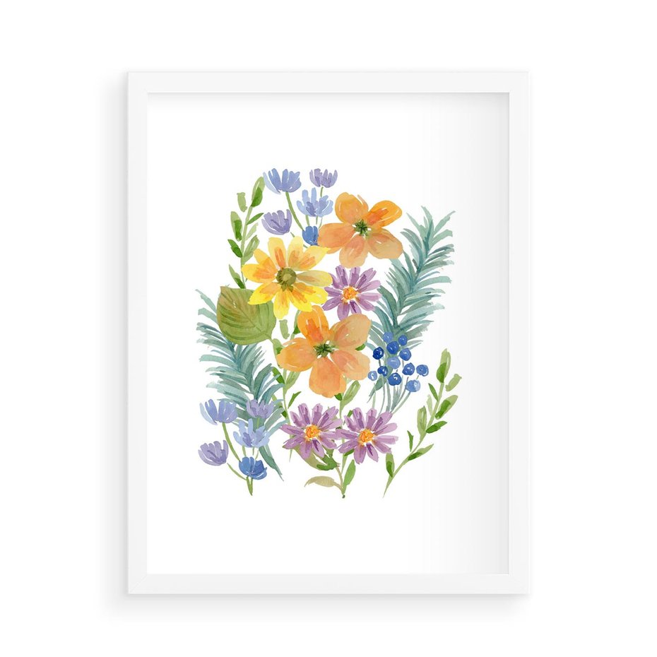 Plakat w ramie 50x70 - Migocące Widoki Kwiatów - akwarelowe polne kwiaty, minimalistyczny plakat - rama biała