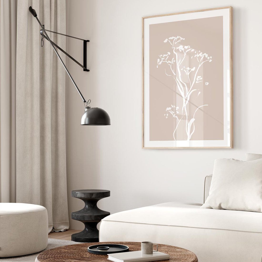 Plakat w ramie 40x50 - Harmonijne Mini Boho - minimalistyczny delikatny obraz, beżowe odcienie - rama drewno