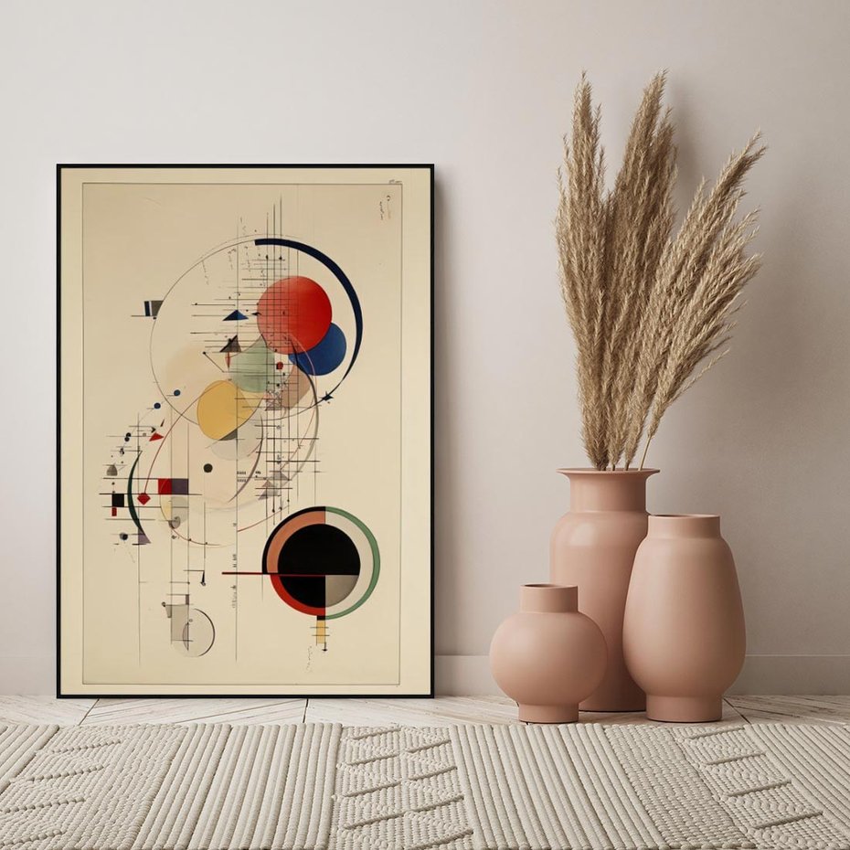 Obraz w ramie 50x70 - Impulsy Wydobyte z Cienia - abstrakcyjna geometryczna kompozycja, koła linie - rama czarna