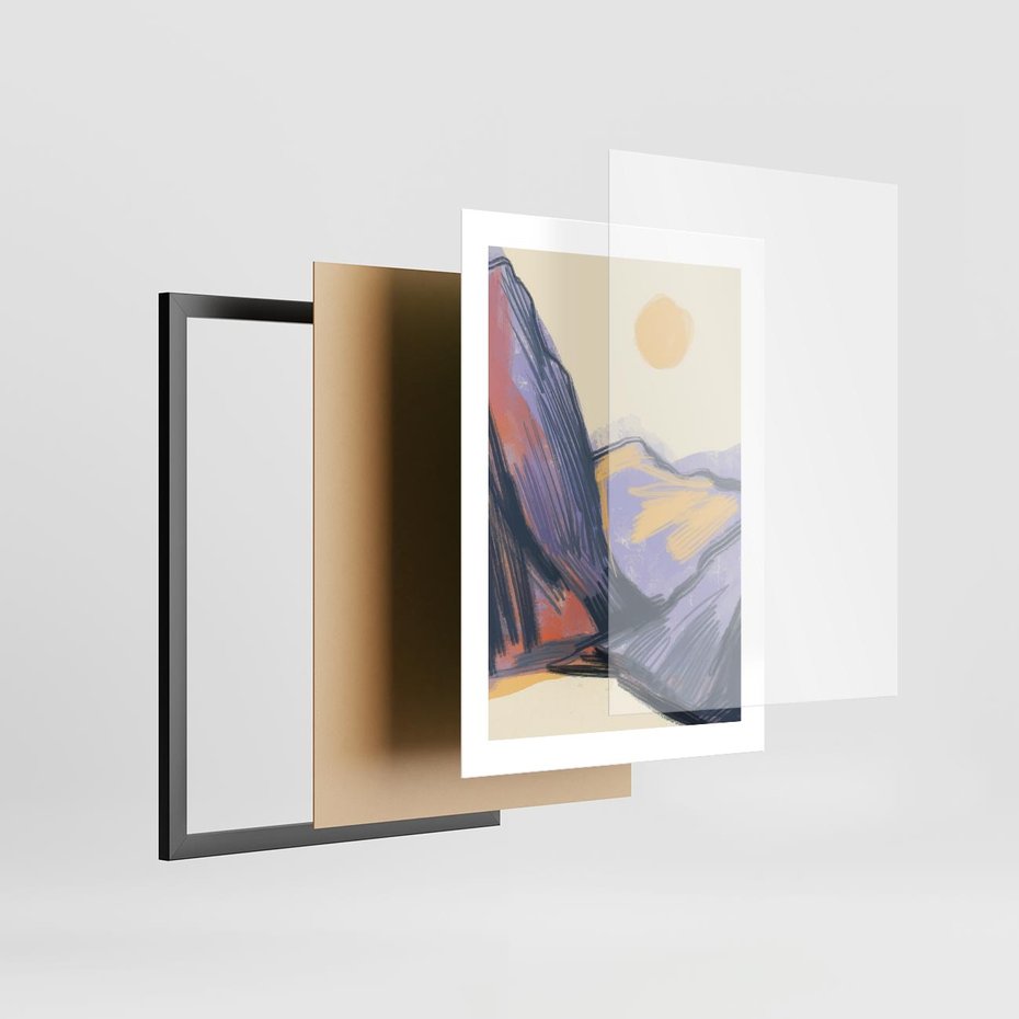 Plakat w ramie 30x40 - Ponad Szczytami - pastelowy krajobraz, nowoczesny plakat - rama czarna
