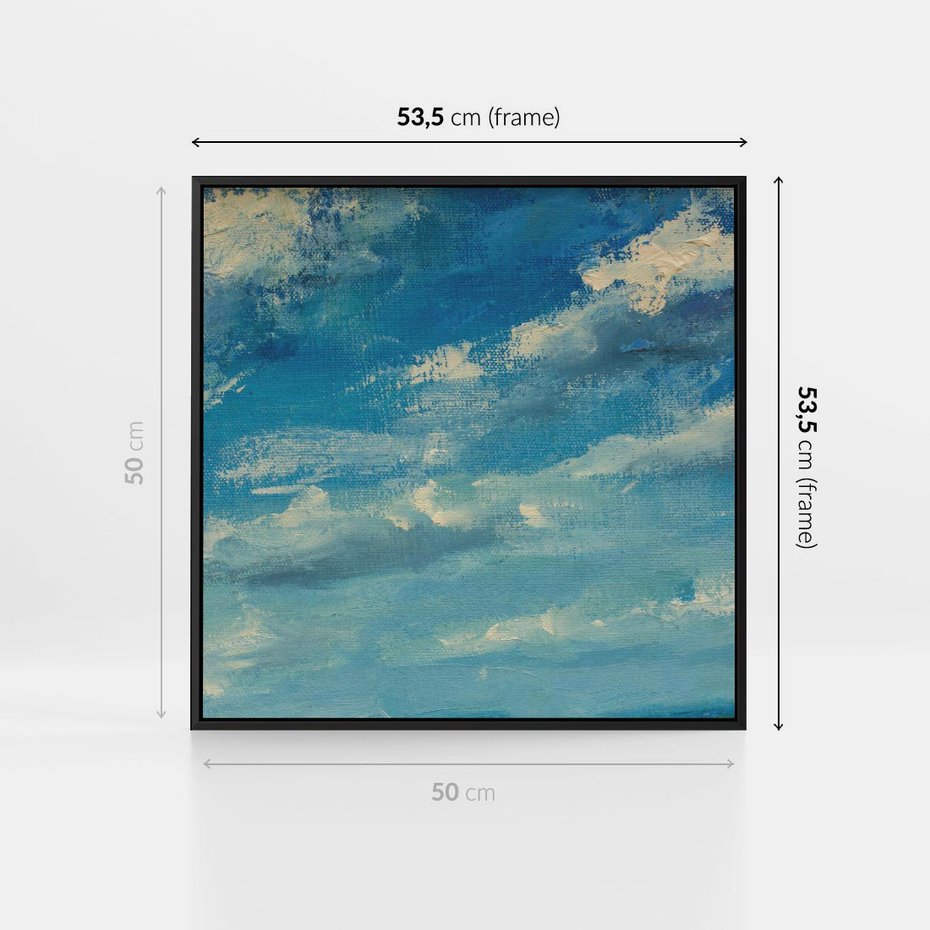 Obraz w ramie 50x50 - Oddechy niebiańskiej materii - olejny obraz, smugi farby przypominają obłoki na błękitnym niebie - rama czarna