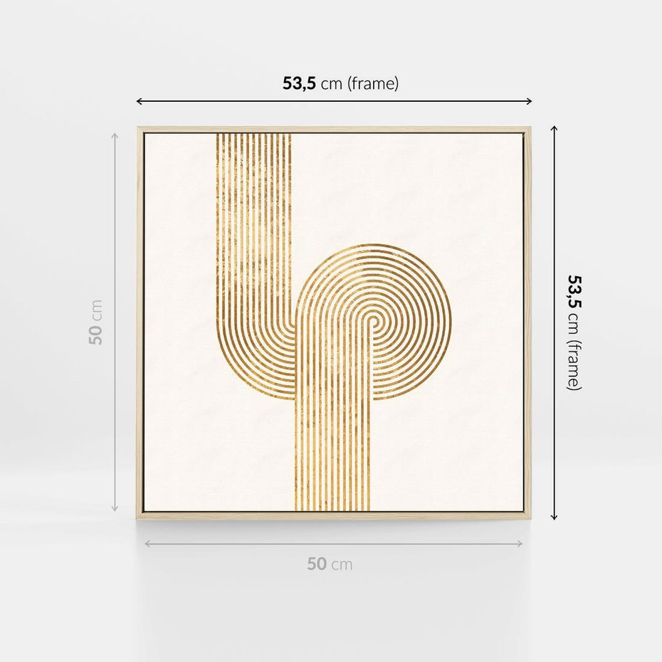 Obraz w ramie 50x50 - Podróżne Kształty - geometryczne linie w złotym kolorze, minimalizm - rama drewno