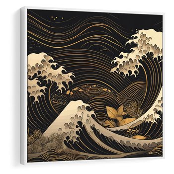 Obraz w ramie 50x50 - Złote Piękno - ciemny obraz, fala morska - rama biała