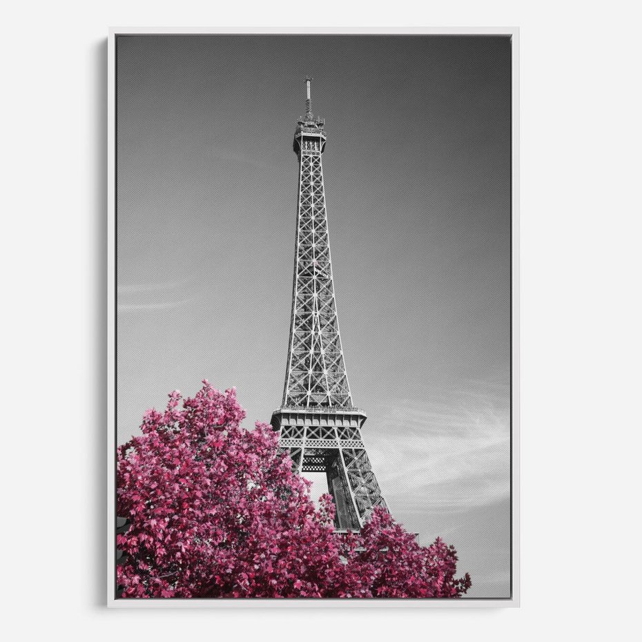 Obraz w ramie 70x100 - Różowy Paryż - czarno białe zdjęcie, wieża eiffla - rama biała