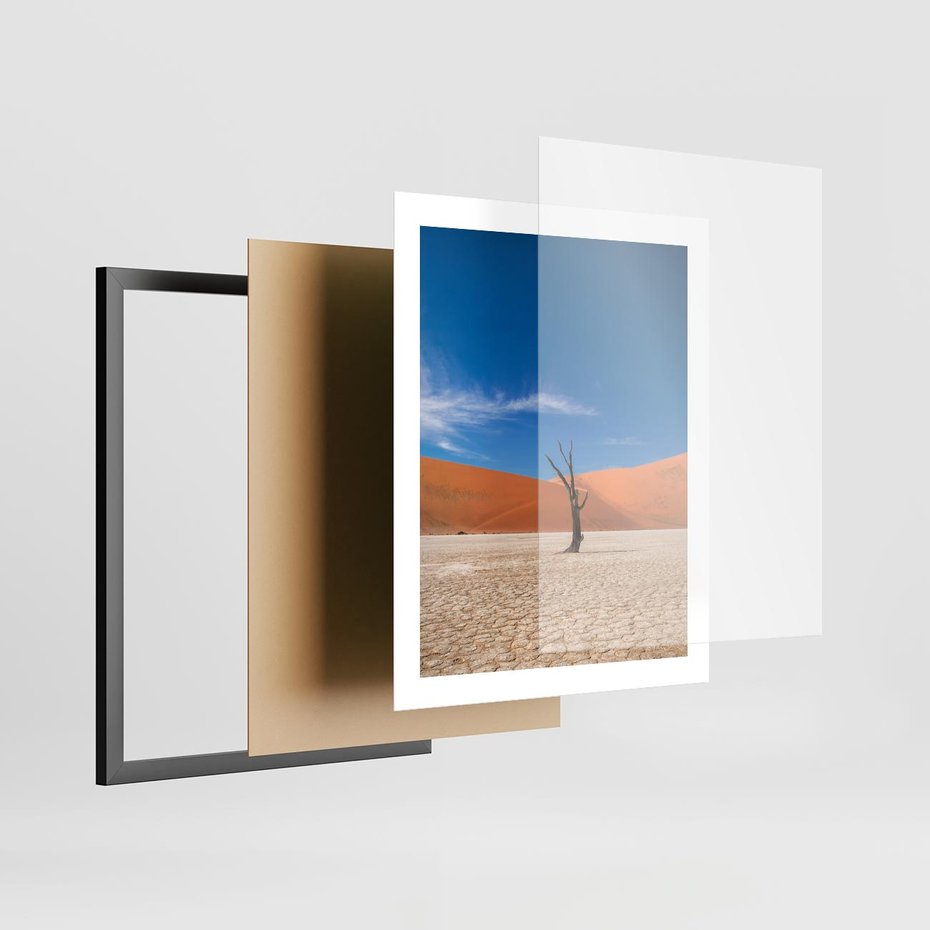 Plakat w ramie 40x50 - Słońce i Suche Drzewo - pustynia, suche - rama czarna