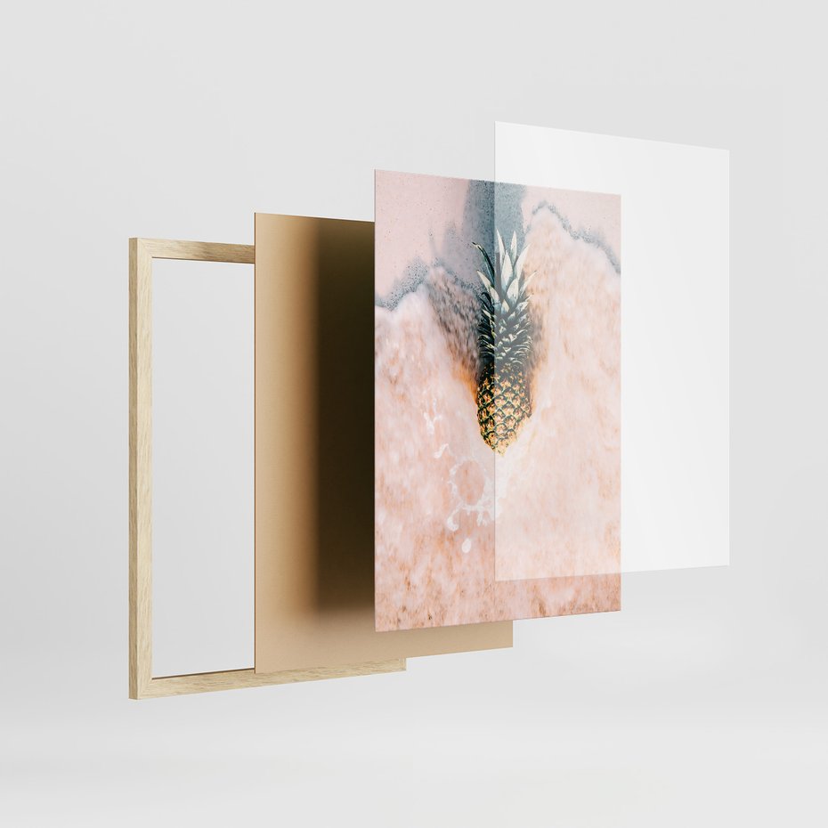 Zestaw obrazy w ramie 30x40 galeria - Plaża, morze, ananas, kokosy, palmy - rama drewno