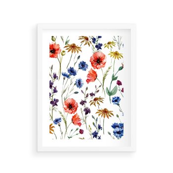 Plakat w ramie 40x50 - Kwiatowe radości na łące - kwiaty, łączka - rama biała