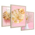 Zestaw obrazy w ramie 50x70 galeria - Złote, liście, monstera, kwiaty - rama drewno
