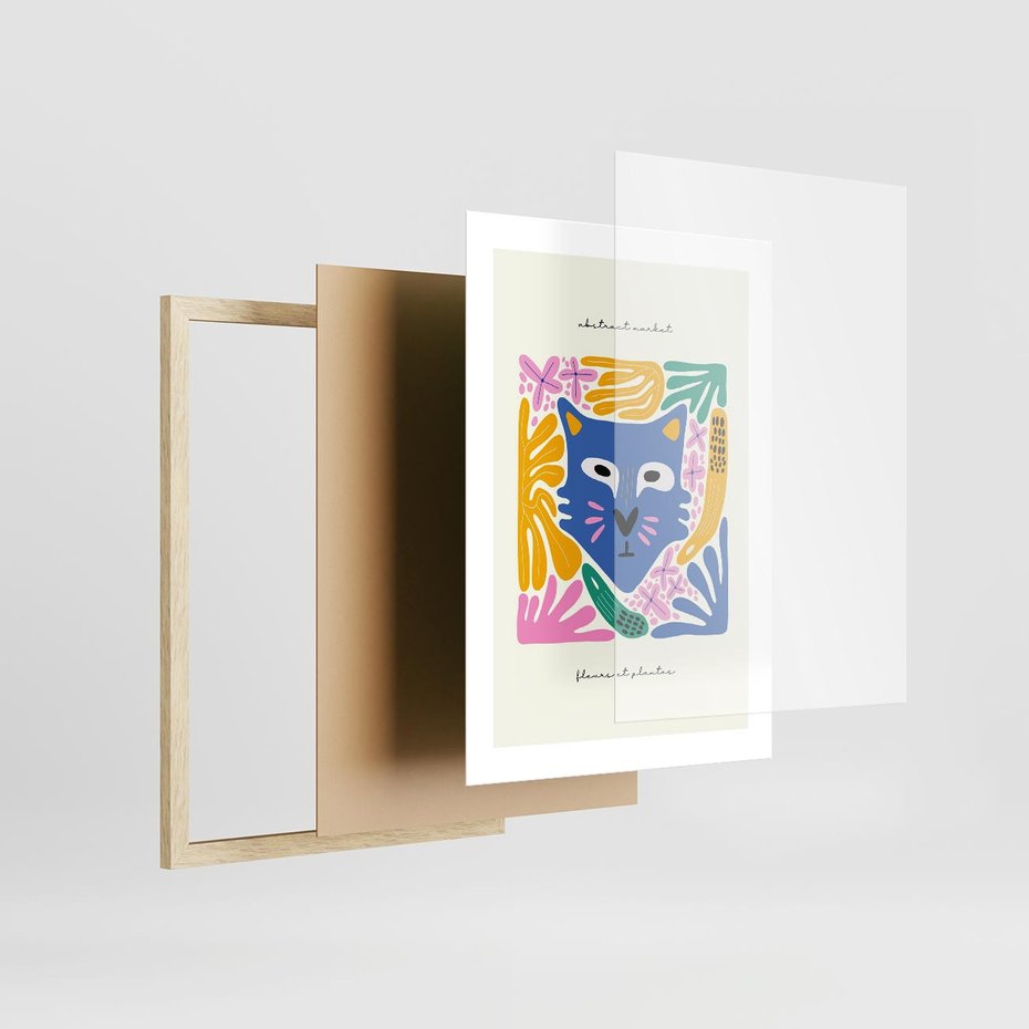 Plakat w ramie 30x40 - Kolorowe Spektrum - abstrakcyjny plakat, niebieski kot - rama drewno