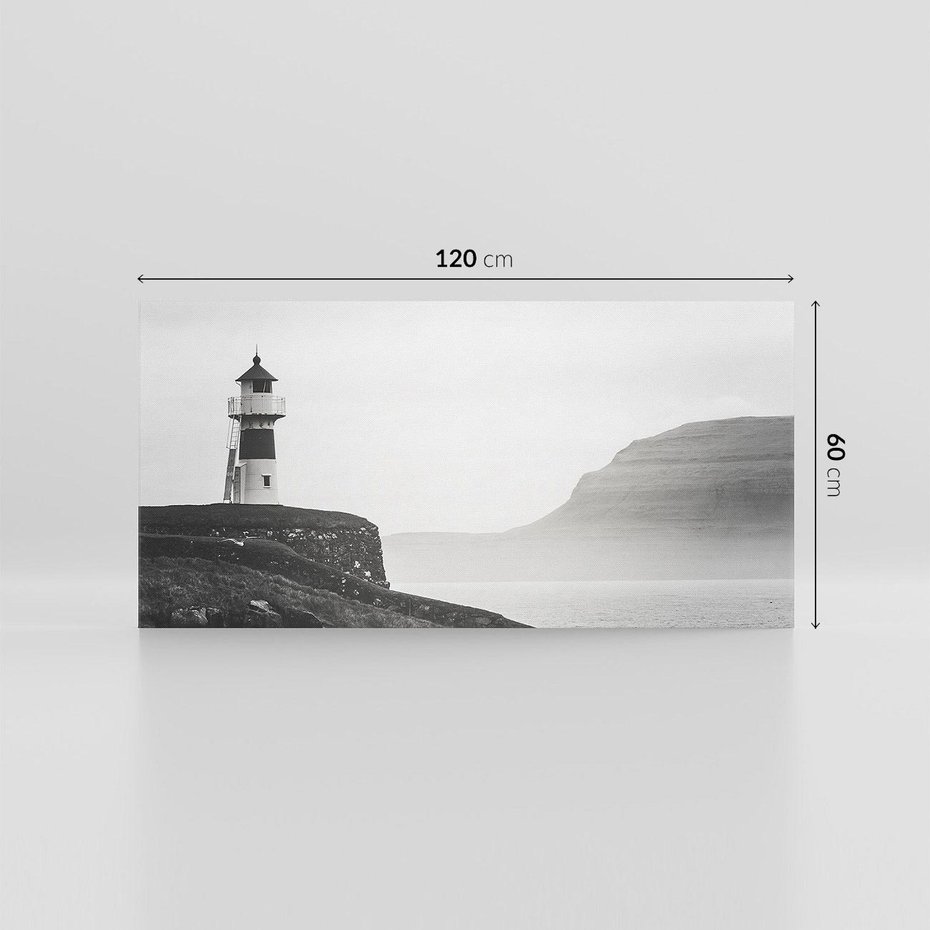 Obraz na płótnie 120x60 - Melancholia Północy - czarnobiała fotografia, nadmorska latarnia na klifie