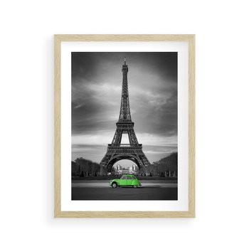 Plakat w ramie 40x50 - Paryskie Romantyczne Spotkanie - Eiffla, samochód - rama drewno