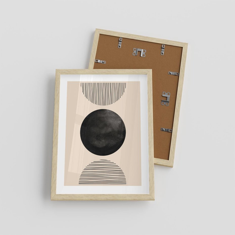 Plakat w ramie 30x40 - Minimalizm w Kształtach - geometryczny graficzny obraz, czarne koło - rama drewno