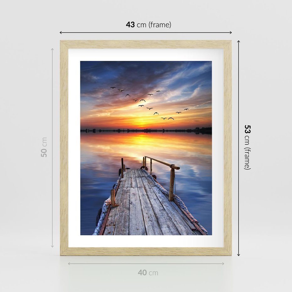 Plakat w ramie 40x50 - Zachód słońca na pomostcie - pomost, zachód - rama drewno