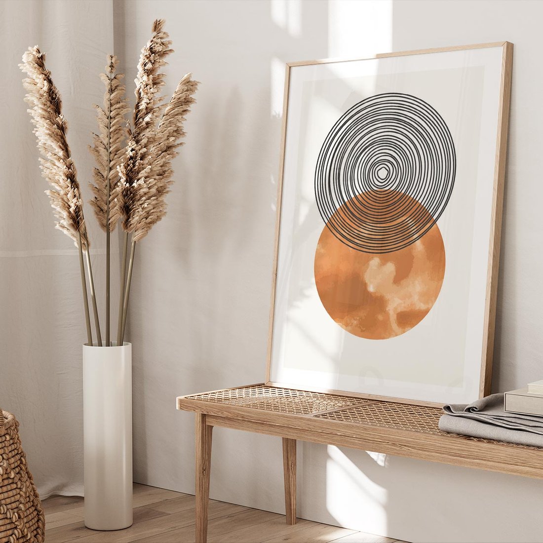 Plakat w ramie 30x40 - Taniec Okręgów - boho obraz, geometria - rama drewno