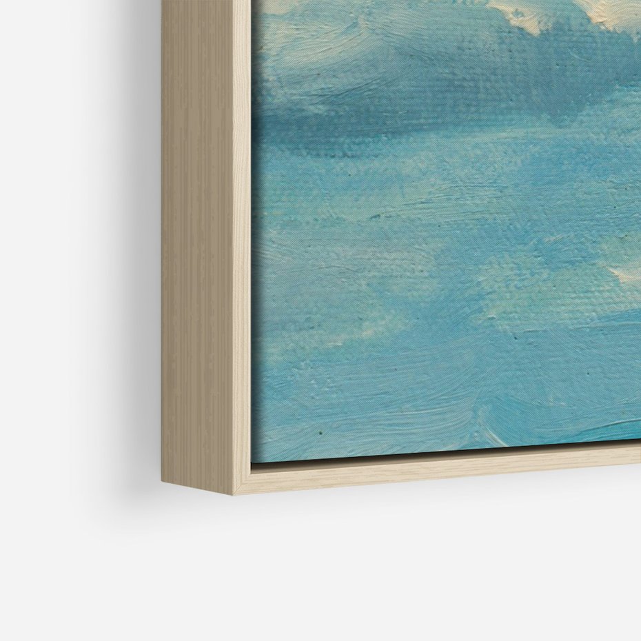 Obraz w ramie 80x120 - Oddechy niebiańskiej materii - olejny obraz, smugi farby przypominają obłoki na błękitnym niebie - rama drewno