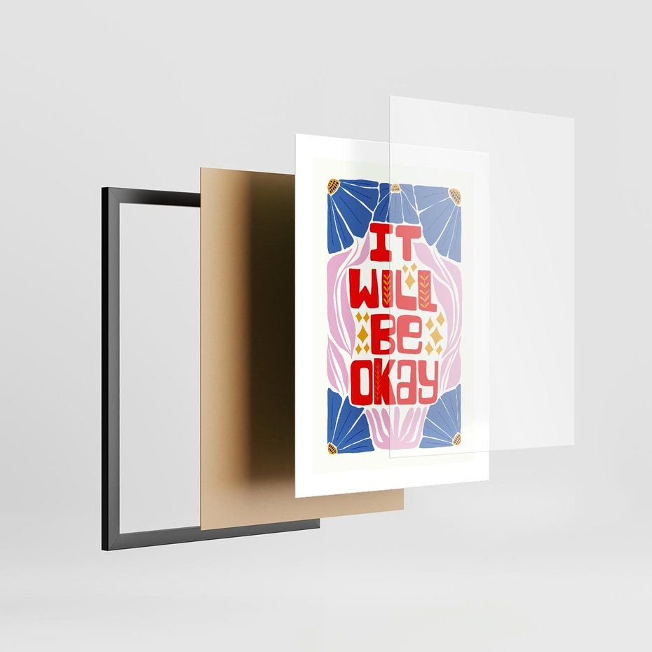 Plakat w ramie 30x40 - Kwiatowa Ekstaza - czerwona pozytywna typografia, kwiatowa kompozycja - rama czarna