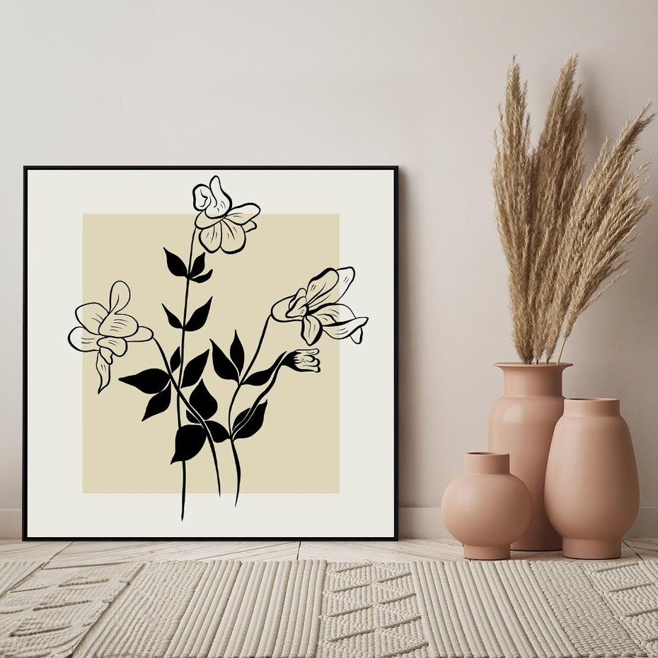 Obraz w ramie 50x50 - Malowane szkicowe tęsknoty - kwiaty, typografia - rama czarna