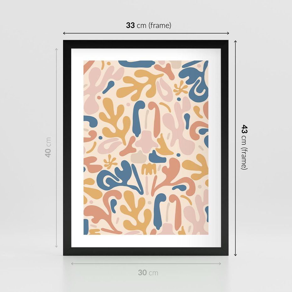 Plakat w ramie 30x40 - Symfonia Radosnych Barw - abstrakcyjne pastelowe formy, nowoczesna grafika w stylu boho - rama czarna