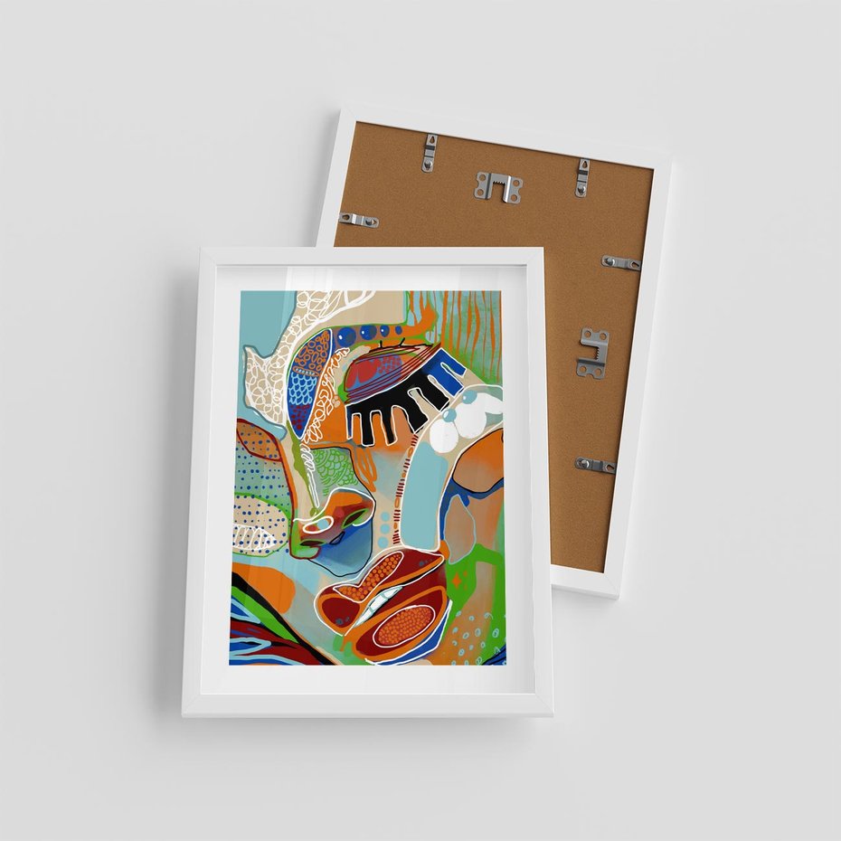 Plakat w ramie 30x40 - Wibracje Kształtów - abstrakcyjny portret kobiety, twarz - rama biała