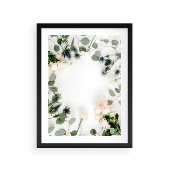 Plakat w ramie 40x50 - Róże i Zielone Liście - kompozycja kwiatowa, róże - rama czarna