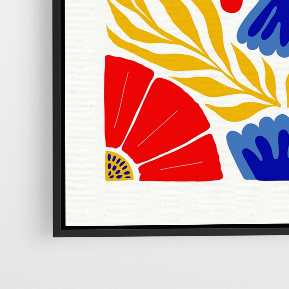 Obraz w ramie 50x70 - Eklektyczny Majestat - wyrazista grafika, mocne kolory czerwień niebieski żółty - rama czarna