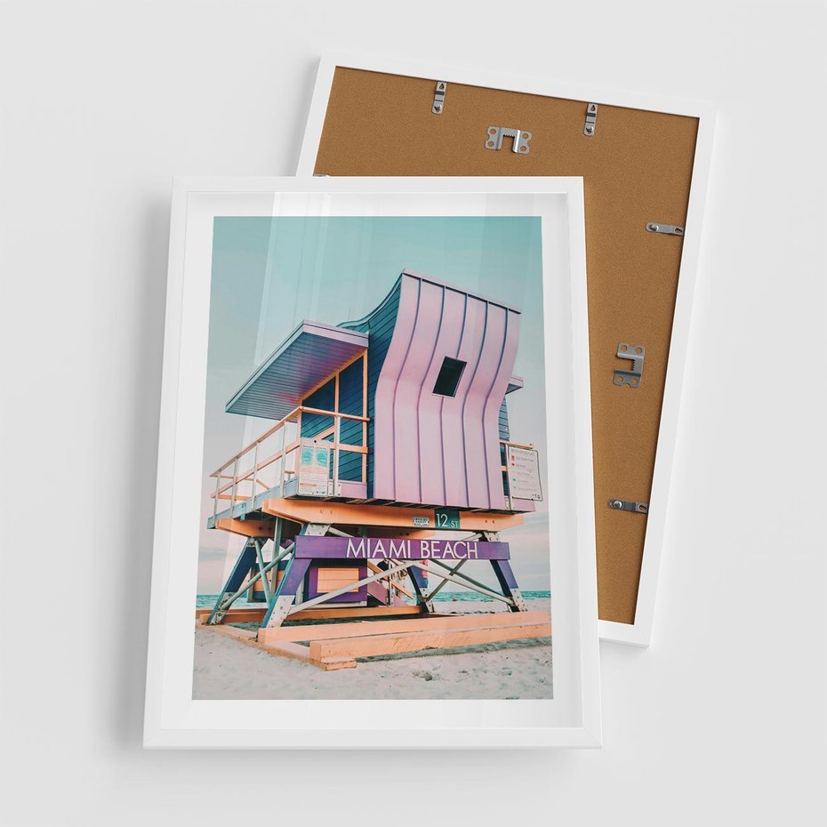 Plakat w ramie 50x70 - Miami Beach - plaża miami, domek ratownika - rama biała