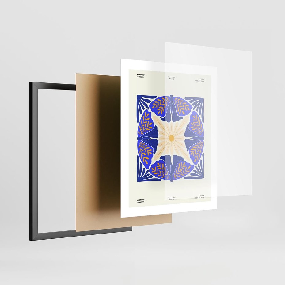 Plakat w ramie 40x50 - Księga Abstrakcji - abstrakcyjna boho kompozycja, granatowe ćmy - rama czarna