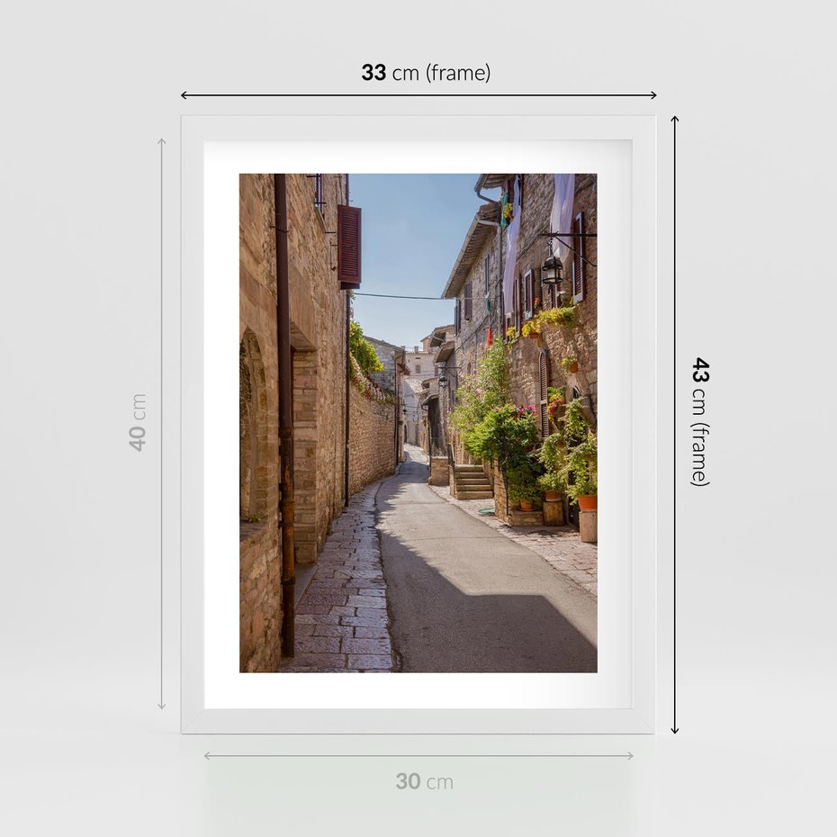 Plakat w ramie 30x40 - Uliczka Wakacyjnego Miasteczka - uliczka, wakacje - rama biała