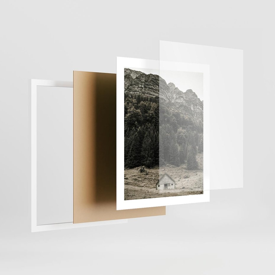 Plakat w ramie 40x50 - Dom w Odcieniach Natury - domek w górach, góry - rama biała