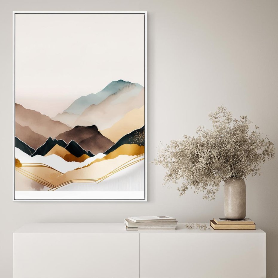 Obraz w ramie 50x70 - Góry Tonące w Pastelach - złote pastelowe góry, akwarela - rama biała