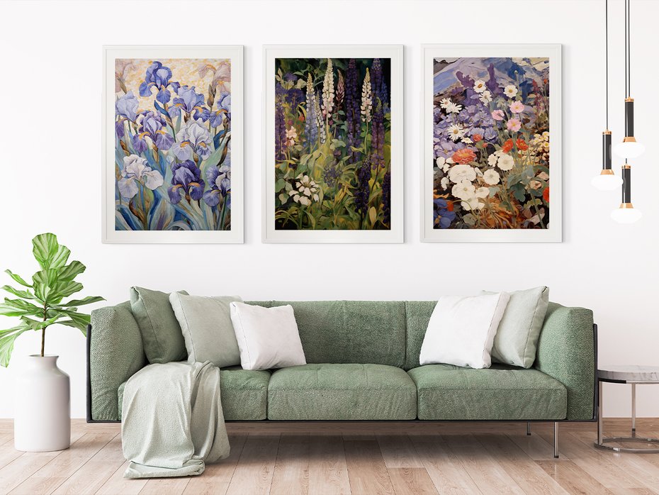 Zestaw obrazy w ramie 50x70 galeria - kwiaty, łąka, akwarela, irys, boho - rama biała