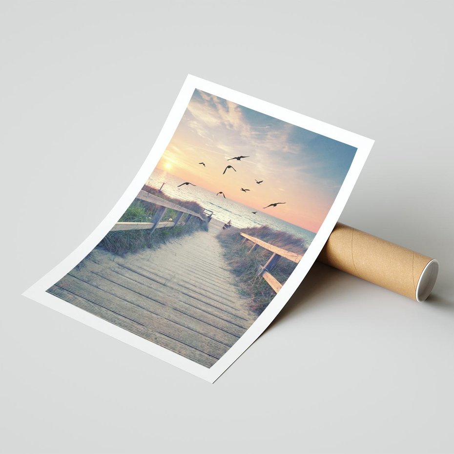 Plakat bez ramy 50x70 - Sielanka nad brzegiem - plaża, pomost